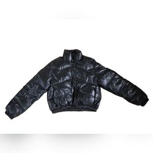 Zara Black Faux Leather Puffer Coat With Zip & Snap Close Size XS